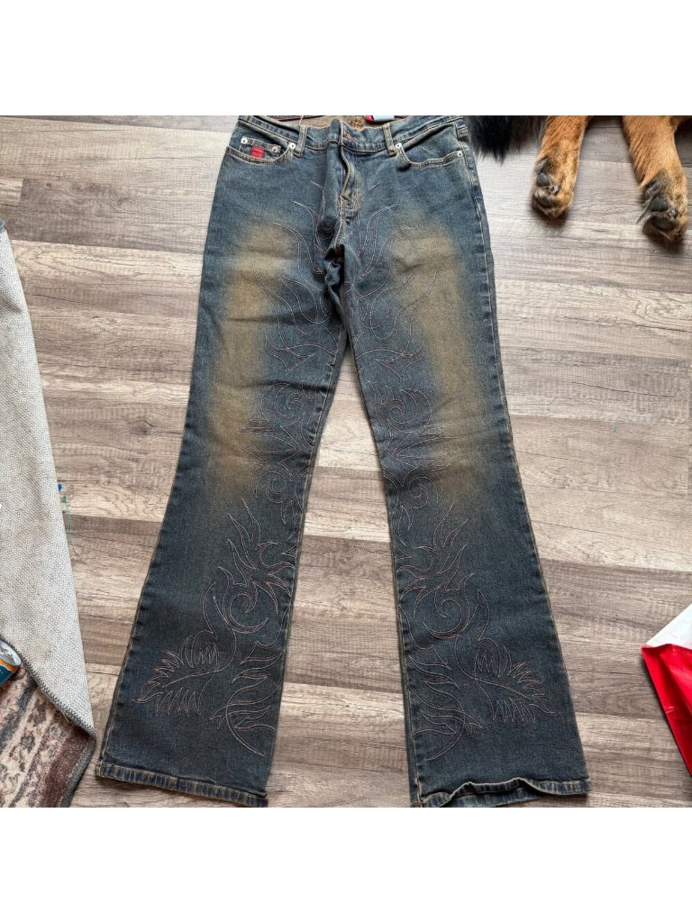 Let Me B Womens Embroidered Flare Jeans Size 9 Blue With Orange Flame Stitching